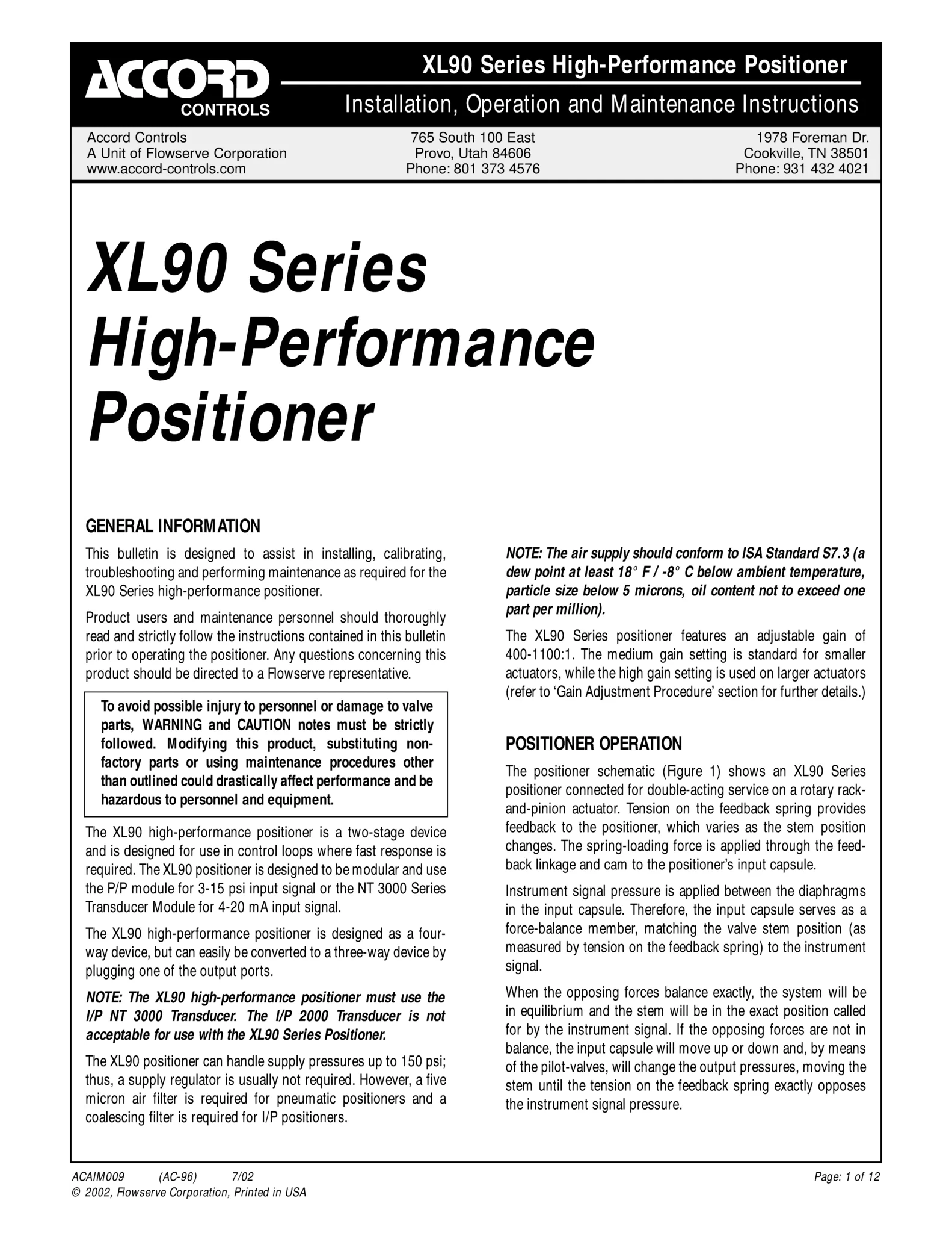 Accord XL90系列高性能定位器 - 使用说明（IOM）