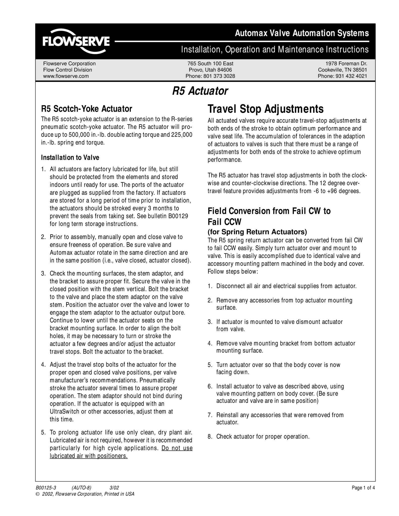 Automax R5气动阀门执行器 IOM