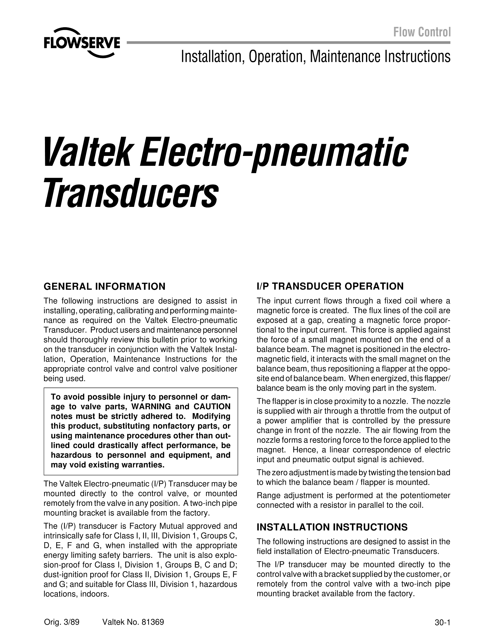 Valtek电动气动传感器使用说明（IOM）