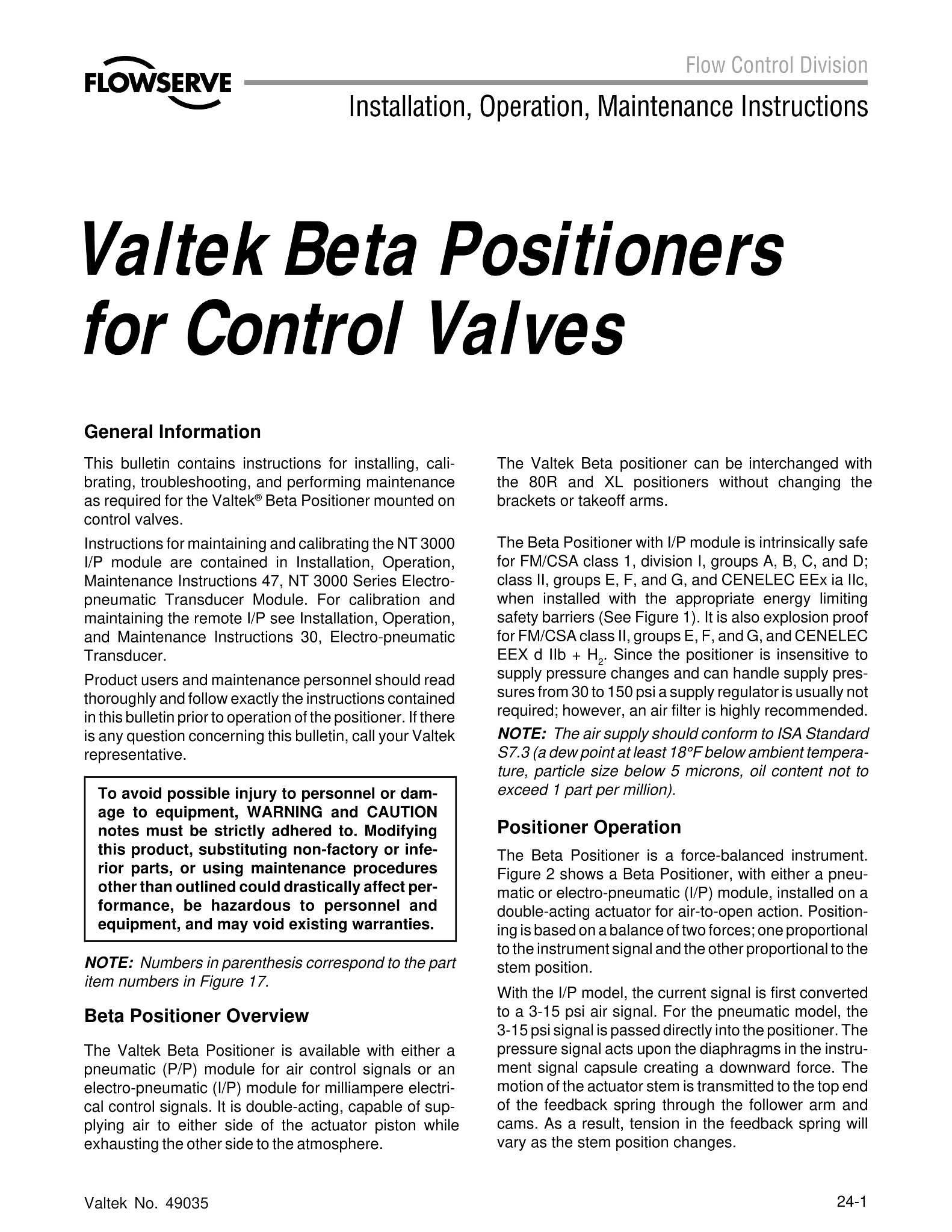 Valtek Beta控制阀门定位器使用说明（IOM）