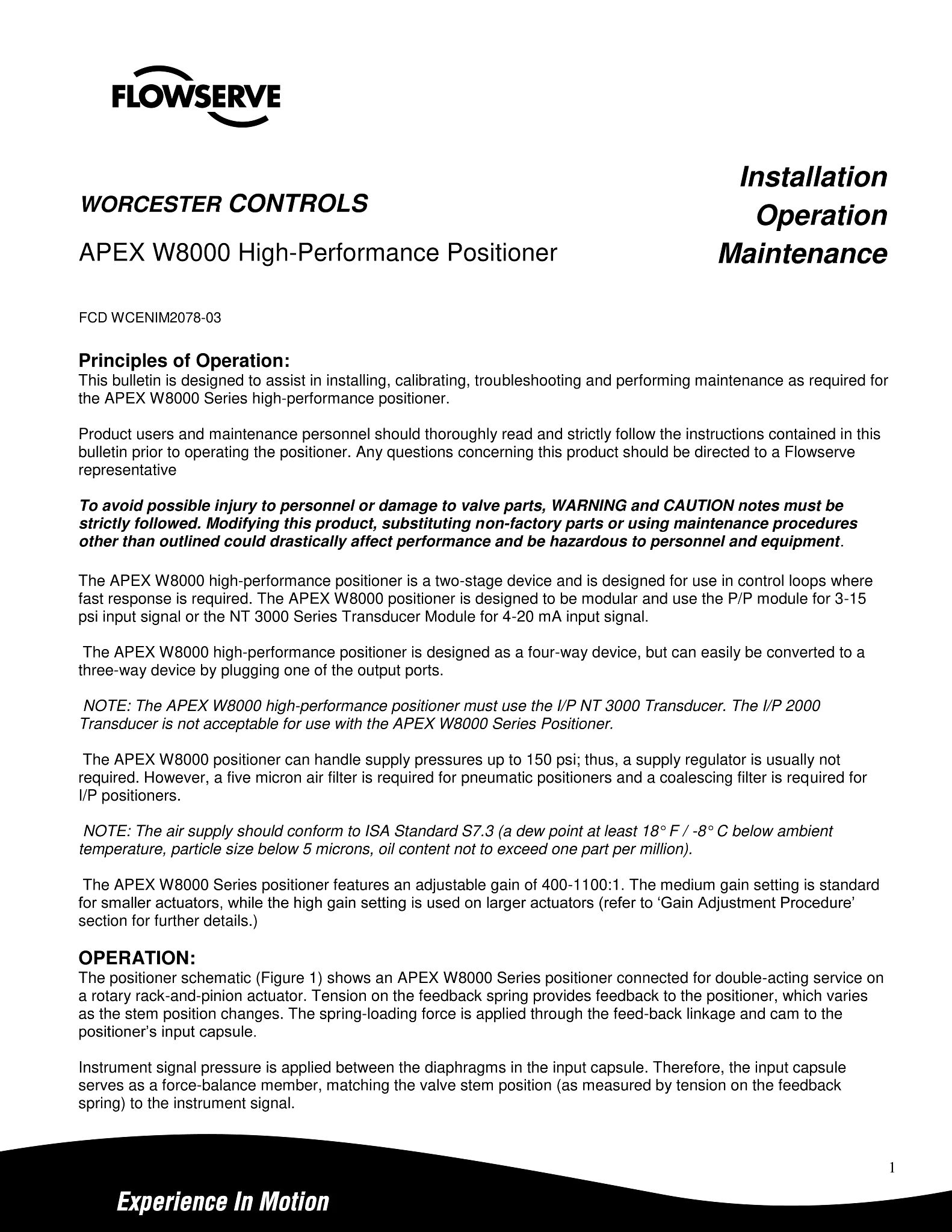 Worcester Controls APEX W8000高性能定位器使用说明（IOM）