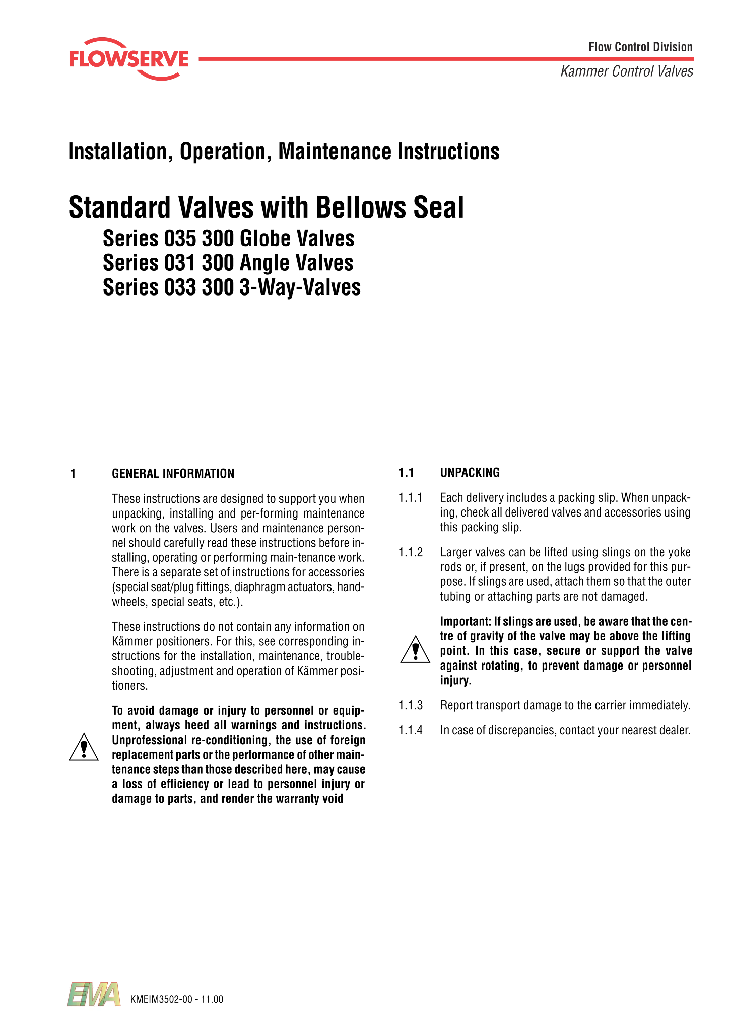 Kämmer TotalFlow系列一般工况控制阀（带波纹管密封）使用说明(IOM)