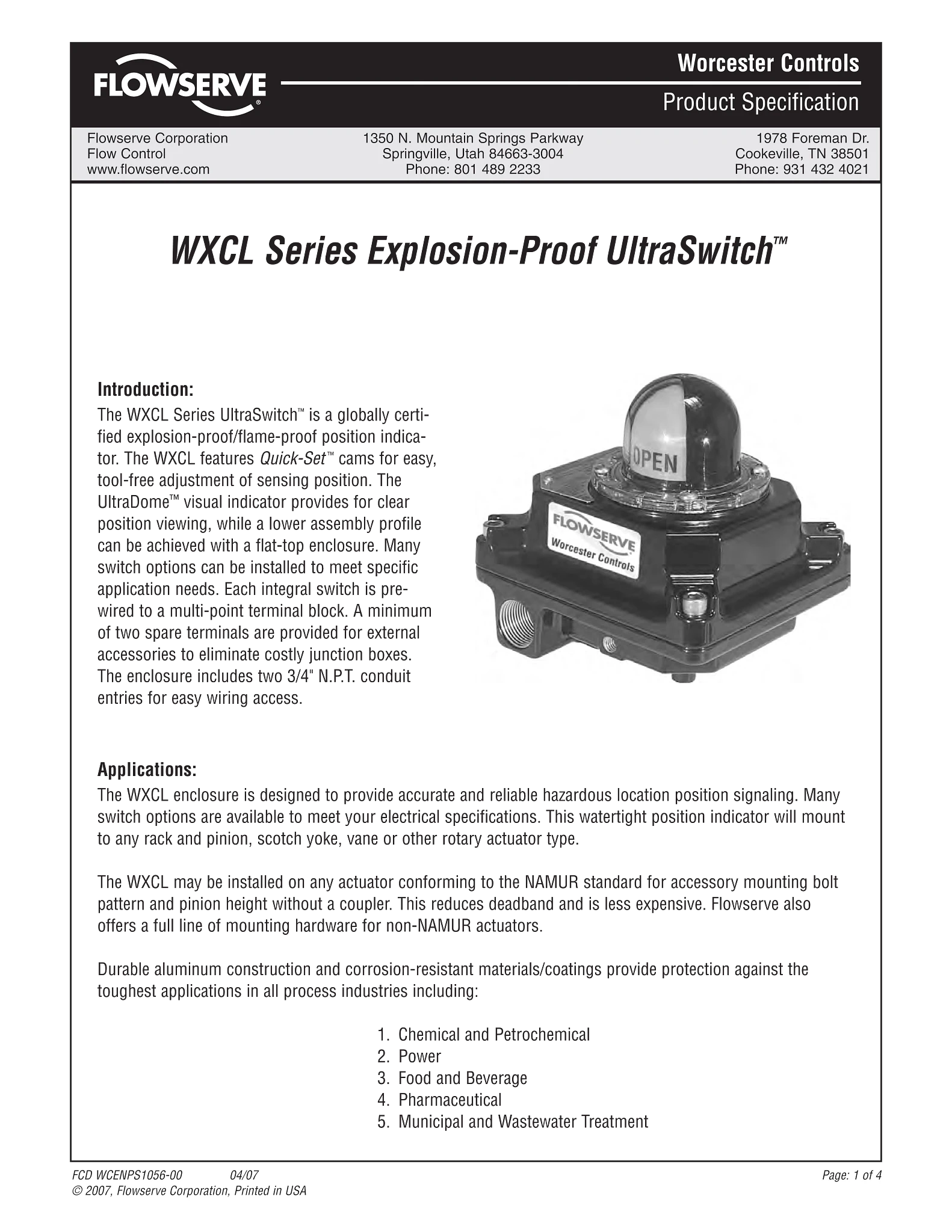 Worcester WXCL系列防爆型UltraSwitch™规格