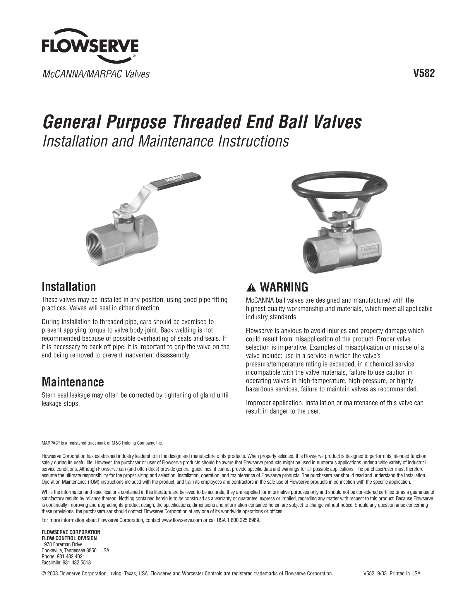 McCANNA/MARPAC通用螺纹端球阀使用说明（IOM）