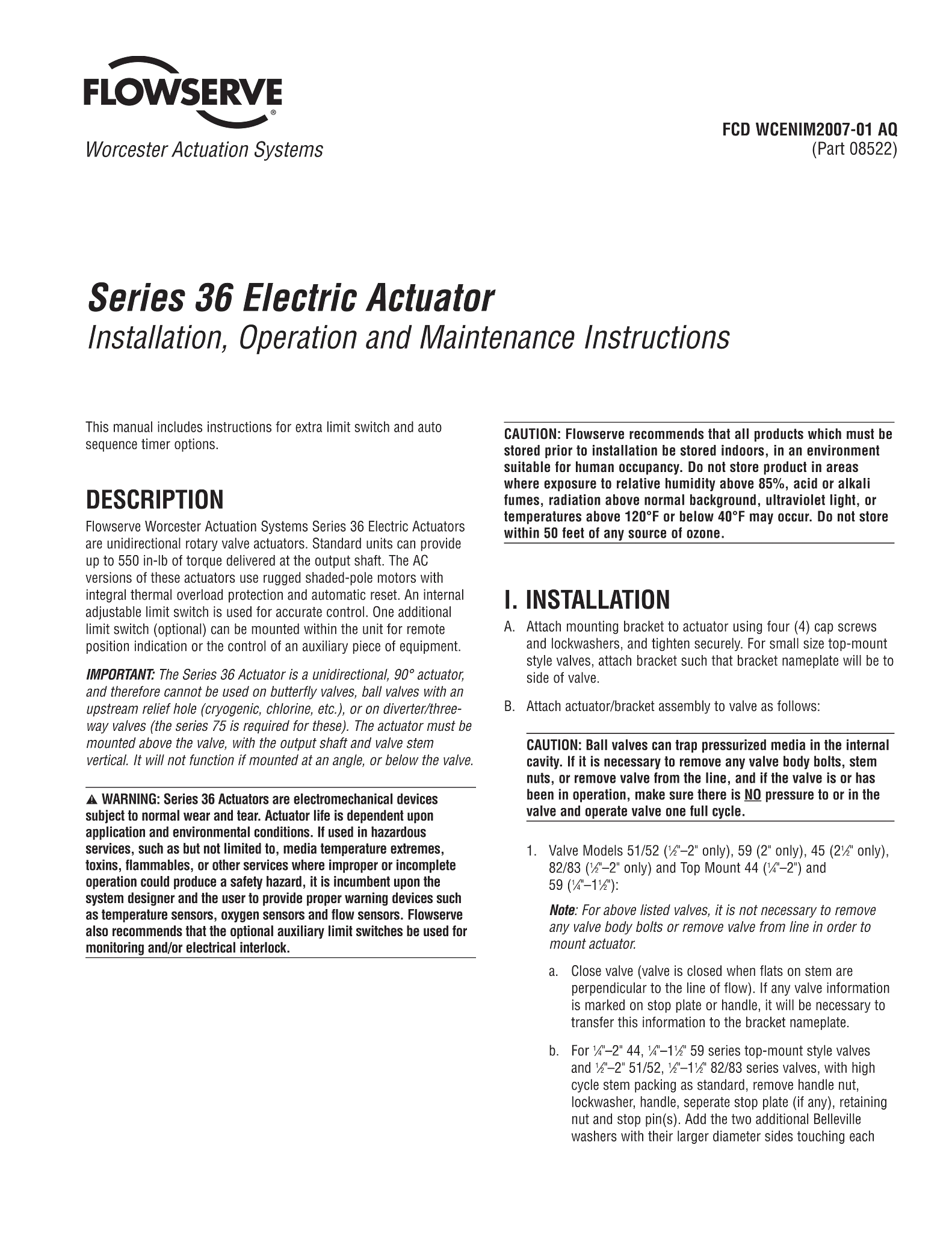 Worcester Controls 36系列电动执行器使用说明（IOM）