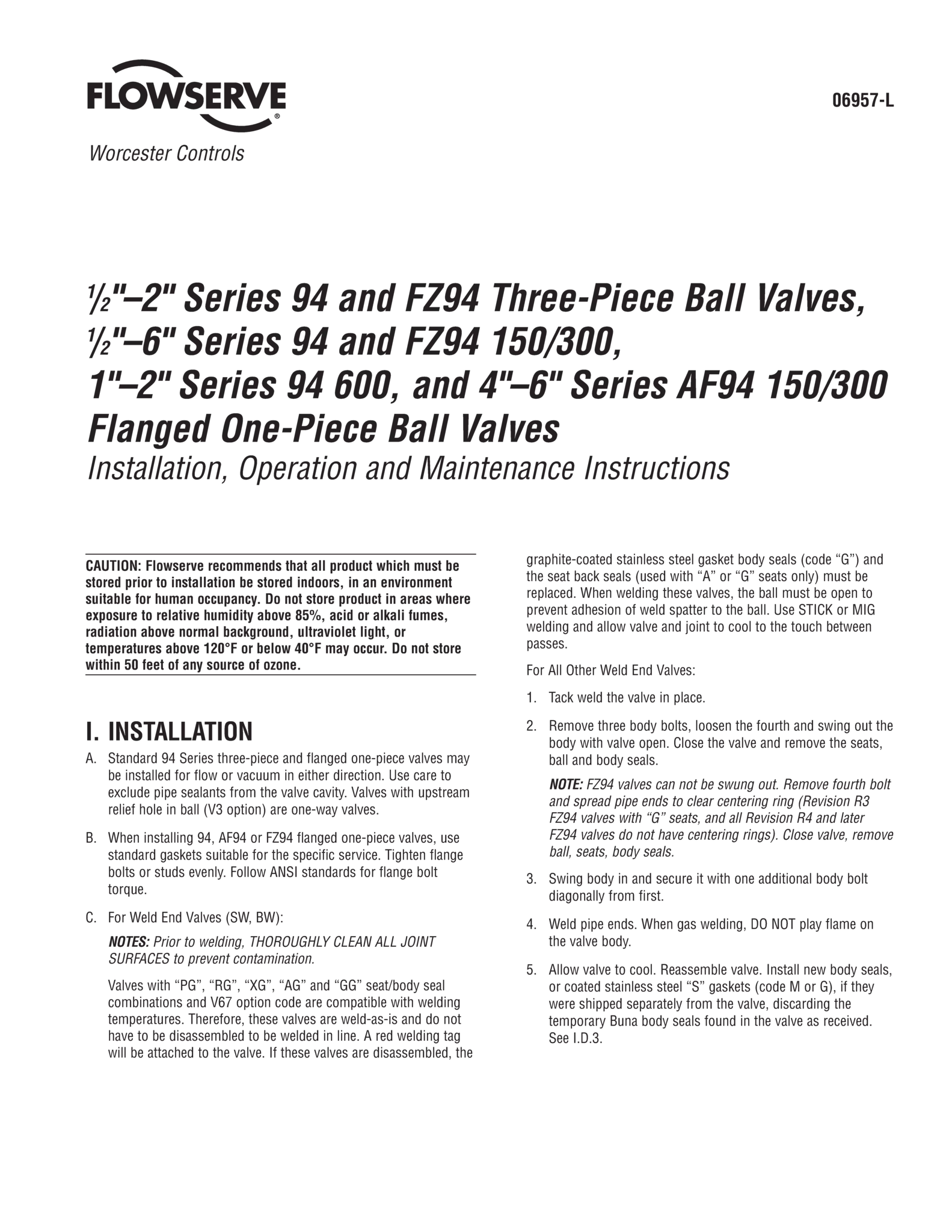 Worcester Controls 94系列和FZ94球阀使用说明（IOM）（美洲）