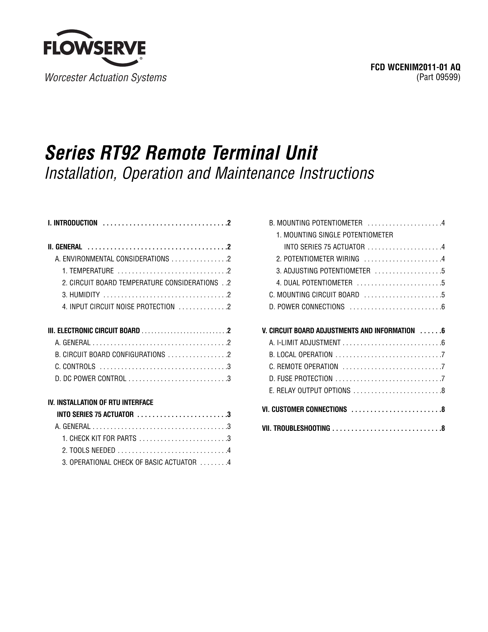 Worcester Controls RT92系列远程终端单元使用说明（IOM）