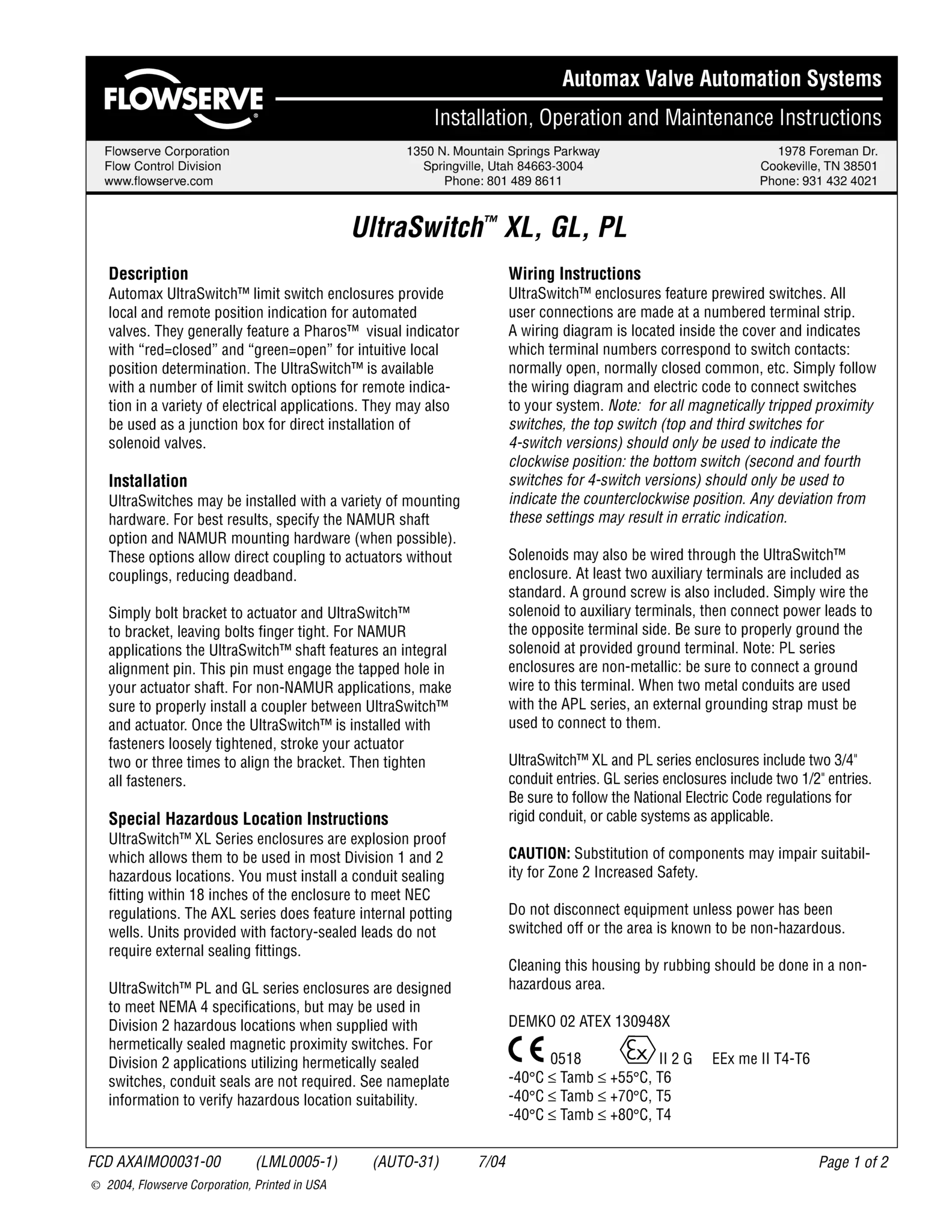 Automax UltraSwitch™XL / GL / PL系列使用说明（IOM）