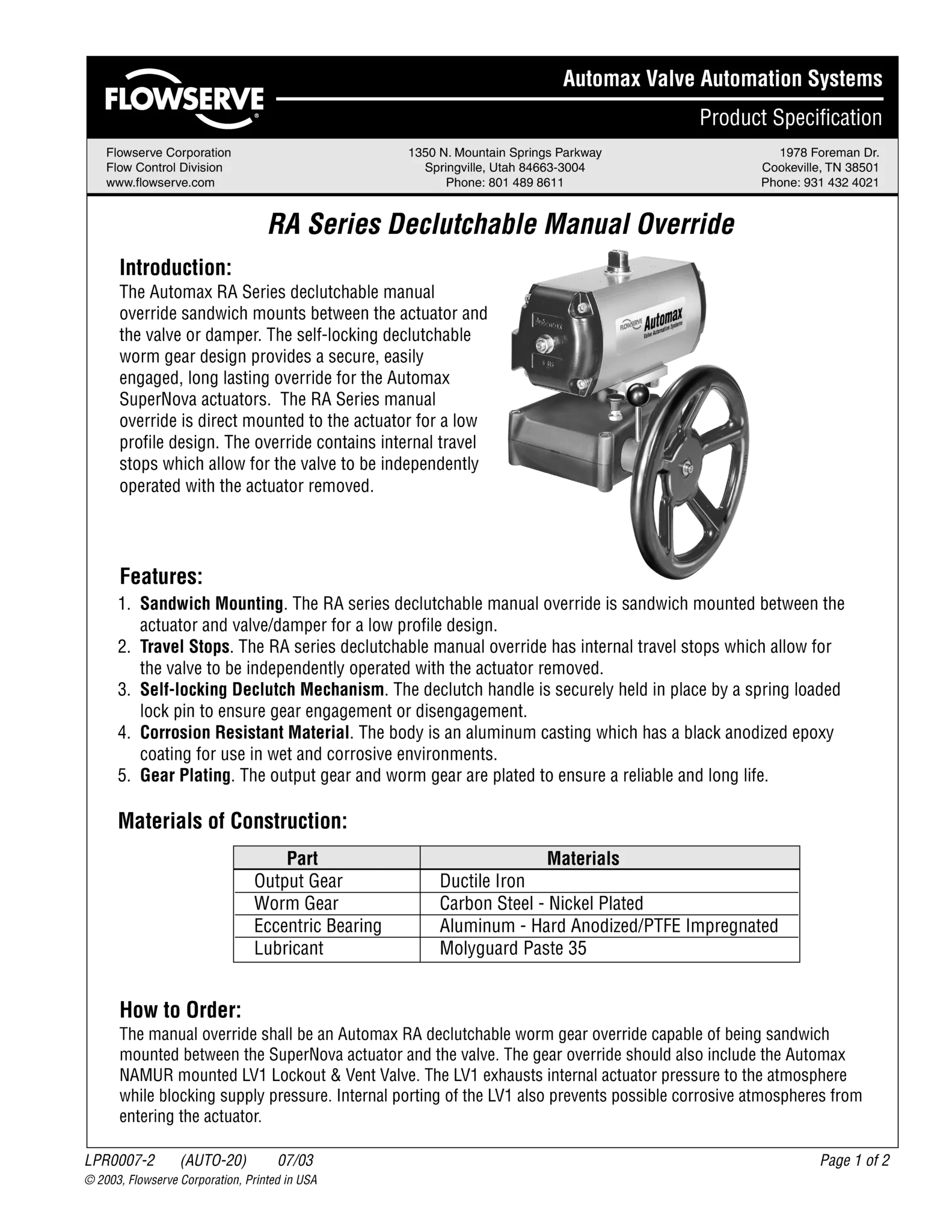 Automax RA系列可分离手动超控产品规格