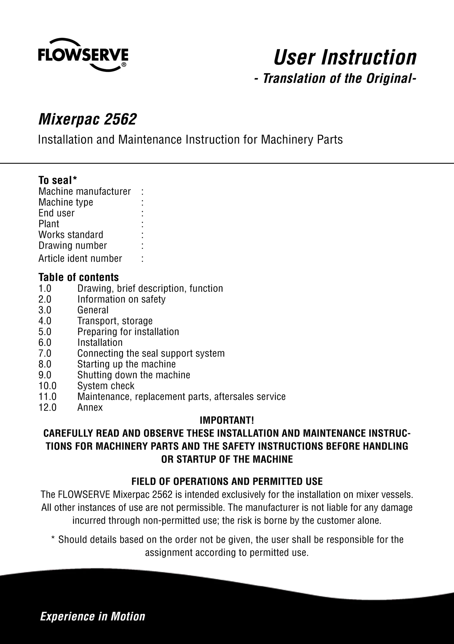 Mixerpac 2562密封 — 使用说明