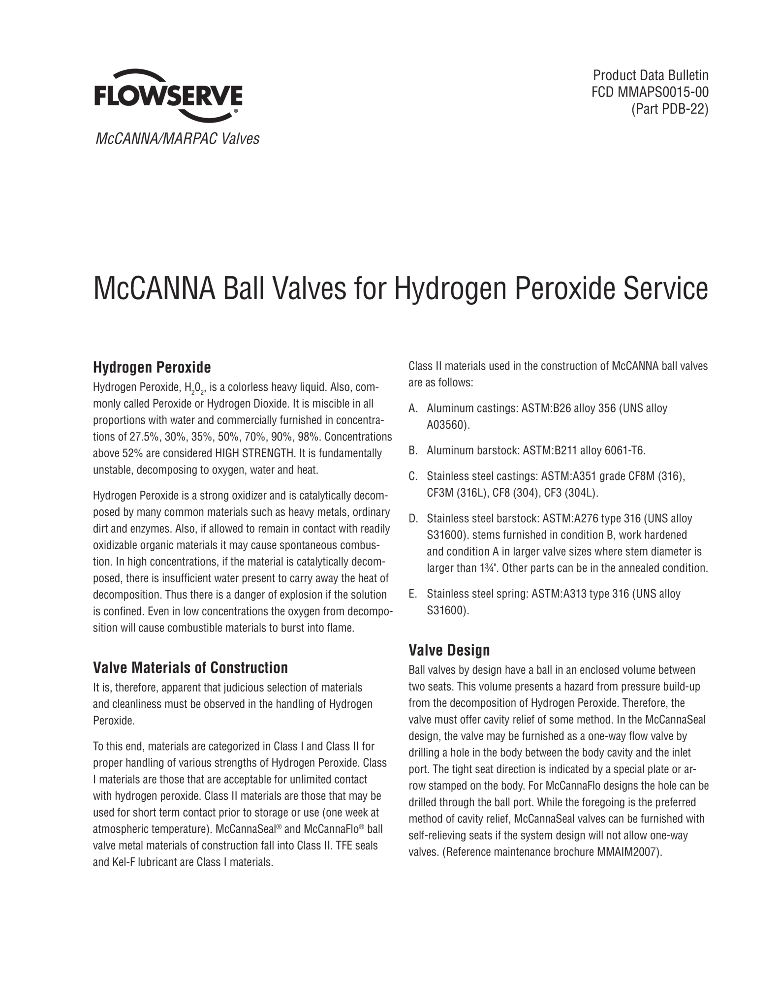 McCANNA/MARPAC阀门：用于过氧化氢服务产品的McCANNA球阀数据公告