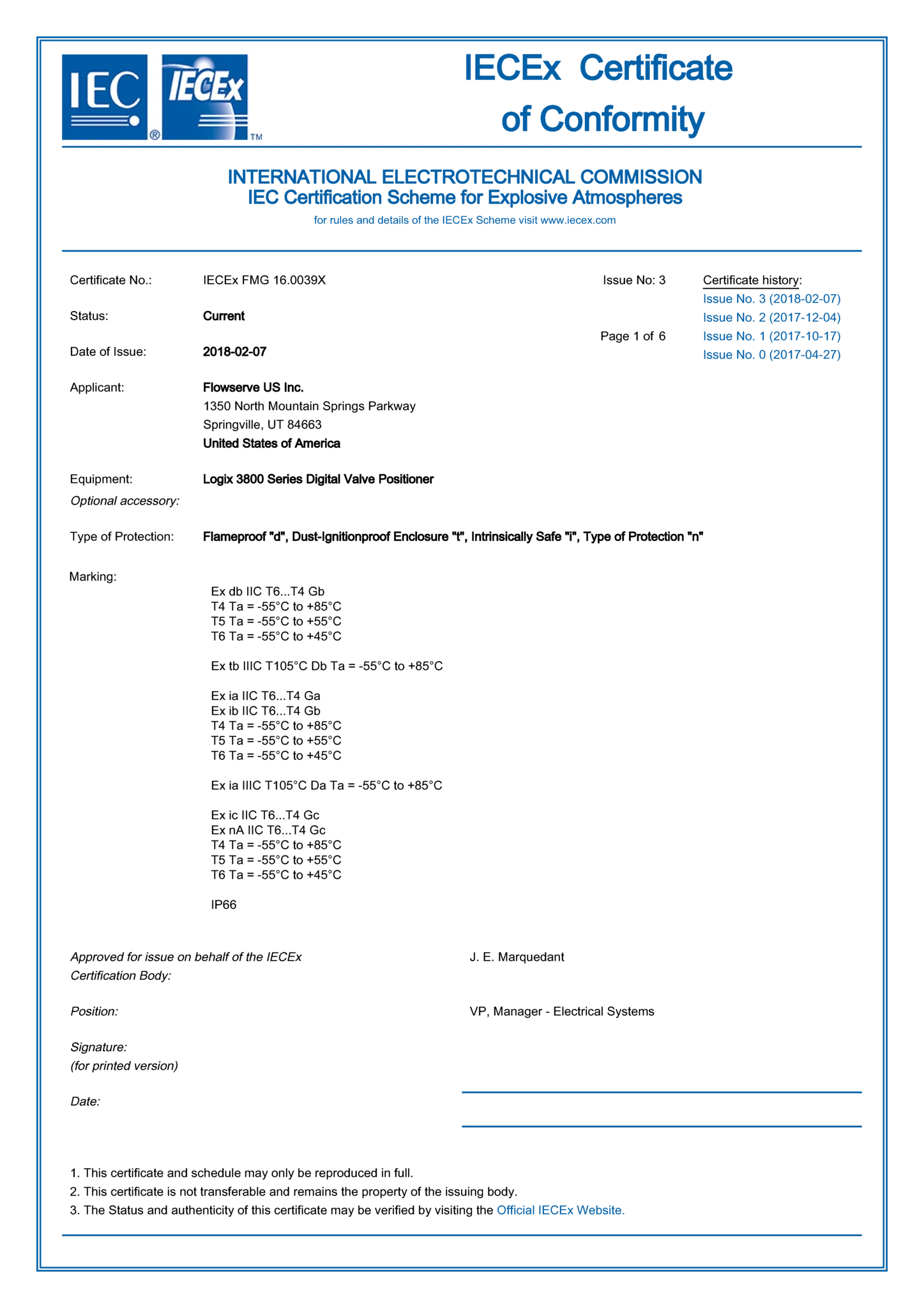 Logix 3800系列数字定位器 - IECEx 防爆、非易燃和本质安全型检验证书（欧盟）