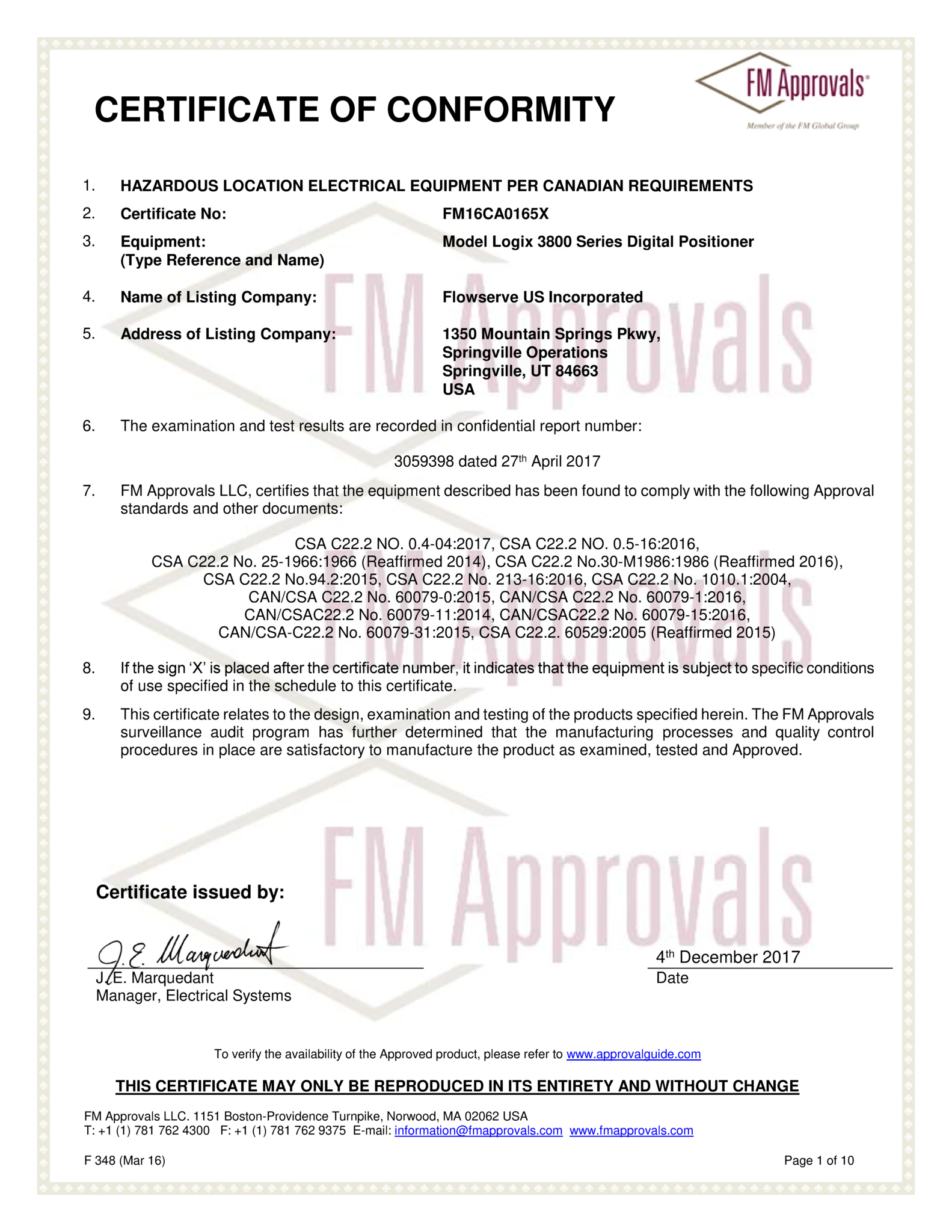 Logix3800系列数字定位器-FMC防爆、非易燃、本质安全型检定证书（加拿大）
