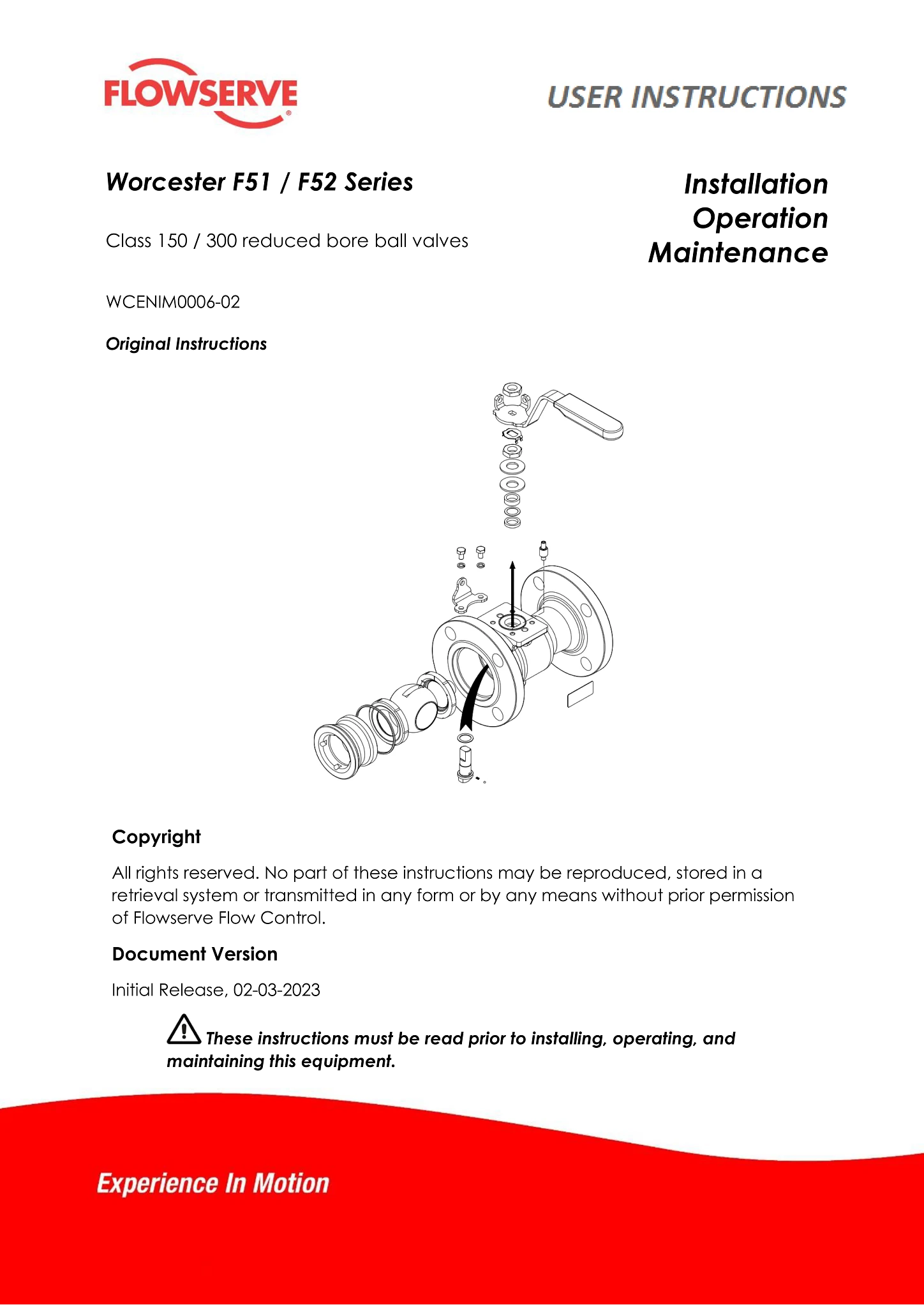 Worcester Controls 51/52系列法兰缩径球阀使用说明（IOM）（欧洲/亚洲）